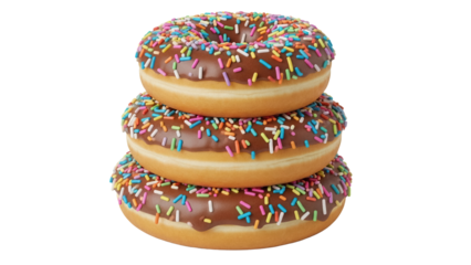 Stack of three chocolate frosted donuts with sprinkles isolated PNG, sweet dessert for bakery and confectionery concepts