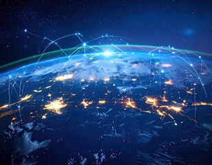 Illuminated Earth at night, with digital connections overlaying the globe, against space