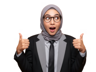 Young woman in hijab and graduation gown giving thumbs up isolated on transparent background