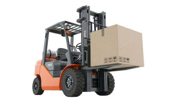Orange forklift truck with cardboard box isolated PNG, industrial vehicle for lifting and transporting heavy loads on transparent background