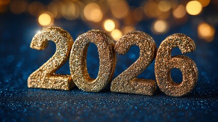 Sparkling gold 2026 numbers glitter against a festive bokeh background, perfect for New Year celebrations and future planning.
