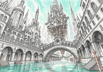 Golden Gate Bridge San Francisco Bay Watercolor and Pencil Drawing