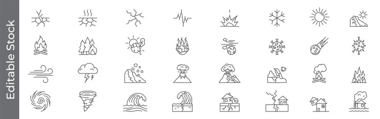 Earthquake, soil crack, landslide, natural disaster and climate event line icon set – editable outline symbols of earthquake, fire, volcano, flood, tornado and virus