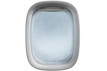 Airplane window with frozen glass, isolated on a transparent background, offering a view of the sky during high altitude flight