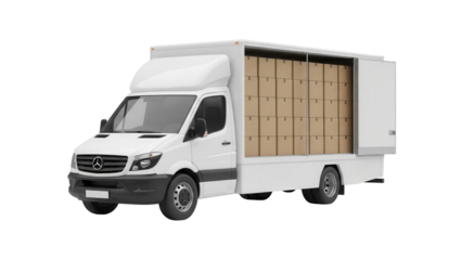 White delivery van with cardboard boxes isolated PNG, cargo truck for shipping and moving services on transparent background