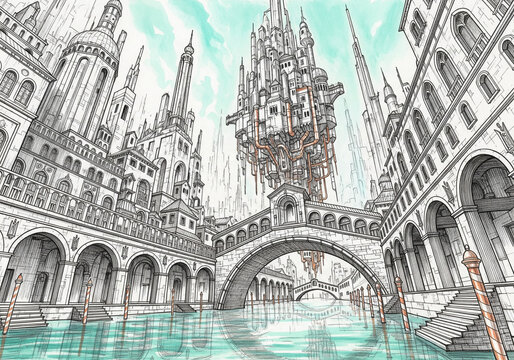 Golden Gate Bridge San Francisco Bay Watercolor and Pencil Drawing