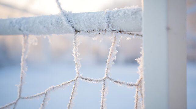 Icy embrace on a field goal net after a frosty morning. Winter's touch is beautifully captured in this close-up shot of frost-covered netting.Crisp, clear, and serene.
