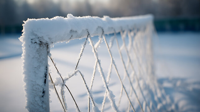 A snow-covered goal net stands silent under a crisp, cold winter sky, a stark reminder of games paused and seasons changed by the relentless grip of frost. A wintry playground.