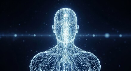 Futuristic Humanoid AI with Glowing Circuitry and Data Streams.