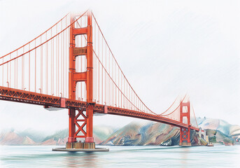 Golden Gate Bridge San Francisco Bay Watercolor and Pencil Drawing