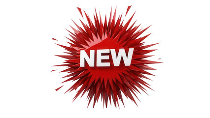 Red burst with the word NEW isolated PNG on transparent background, promotional graphic for sales and announcements