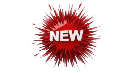 Red burst with the word NEW isolated PNG on transparent background, promotional graphic for sales and announcements