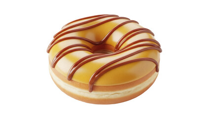 Delicious donut with caramel glaze isolated PNG, sweet dessert with brown stripes on transparent background for bakery and confectionery use