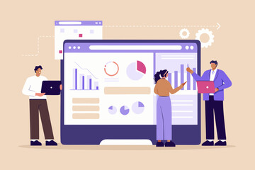 Business team analyzing data and charts on a large computer screen