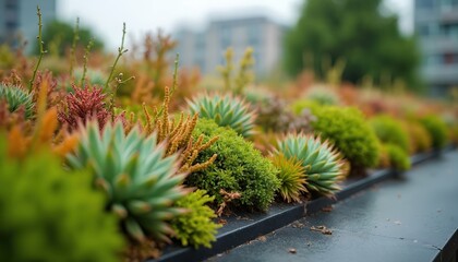 Green roof on urban building with eco friendly plants, succulents, mosses. Rooftop garden with diverse vegetation, sustainable architecture, reducing environmental impact, global warming solution,