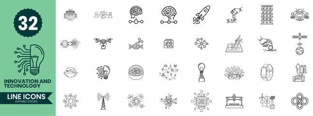 Innovation and Technology Line Icons Set Future Tech, AI, Research, Digital Development & Outline Icon Pack