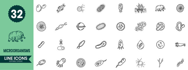 Microorganisms Line Icons Set Bacteria, Viruses, Protozoa, Microbes, Cells & Microscopic Life Symbols