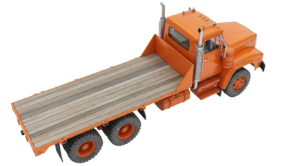 Orange flatbed truck PNG isolated on transparent background, heavy transport vehicle for construction and industrial use