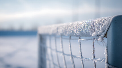 Frozen sports net in a winter landscape, covered in delicate frost crystals. A serene scene of sports equipment in a cold, natural setting, highlighting winter's beauty.