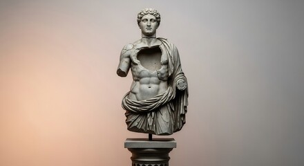 A torso statue stands on a plinth an arm and body sections absent in front of a dualtoned gray backdrop