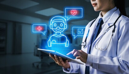 Female doctor interacting with digital tablet showing virtual artificial intelligence robot hologram, smart healthcare technology concept and medical chatbot data interface in clinic office.