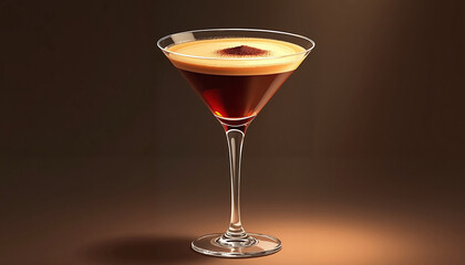Espresso martini glass with dark liquid and creamy foam on top  