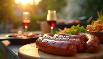 Grill cooked sausages on wooden table at garden party with wine glasses. Family enjoys outdoor meal with food and smoke during sunny summer day.