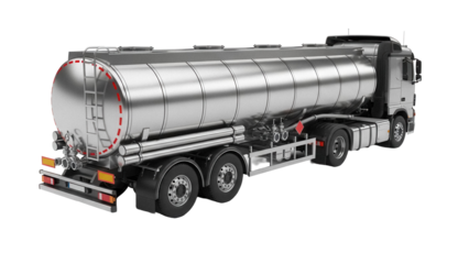 Silver tanker truck isolated PNG, fuel transportation vehicle for logistics and industrial applications on transparent background