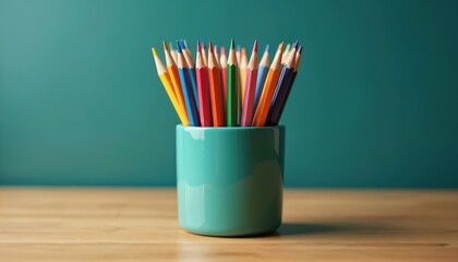Colorful pencils arranged in a teal holder on a wooden desk. Variety of shades ready for artist use. Supplies for drawing and creativity, perfect for any art project.