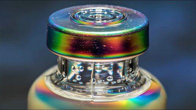 Vivid Macro Shot of a Single Glass Vaccine Vial with Translucent Cap and Rainbow-Hued Stress Patterns