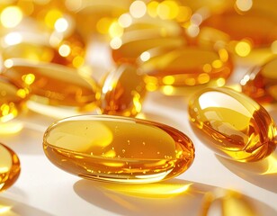 Close-up of glossy, amber-colored gel capsules scattered on a smooth, white surface