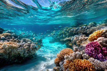 Fototapeta premium Vibrant Coral Reef with Colorful Fish in Crystal Clear Turquoise Water