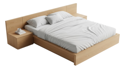 Modern wooden bed with white linens isolated PNG, contemporary bedroom furniture on transparent background for interior design mockups