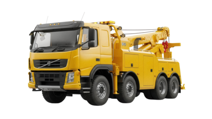 Yellow tow truck PNG isolated on transparent background, heavy duty vehicle for roadside assistance and recovery operations