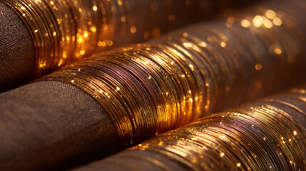 Close-up view of a stacked pile of gold coins on a reflective surface