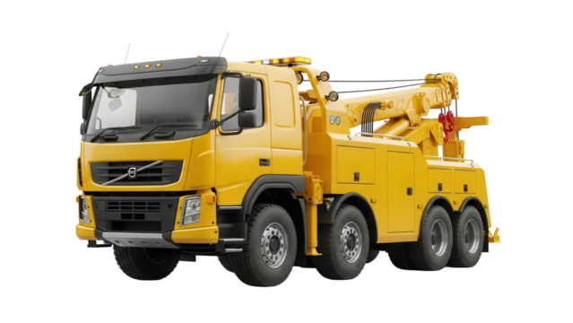 Yellow tow truck PNG isolated on transparent background, heavy duty vehicle for roadside assistance and recovery operations
