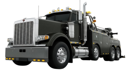 Black tow truck PNG isolated on transparent background, heavy duty wrecker vehicle for roadside assistance and recovery services