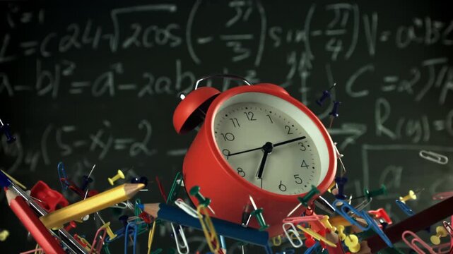 Alarm clock and school tools soaring up against the blackboard background. Filmed on a high-speed camera at 1000 fps. High quality FullHD footage
