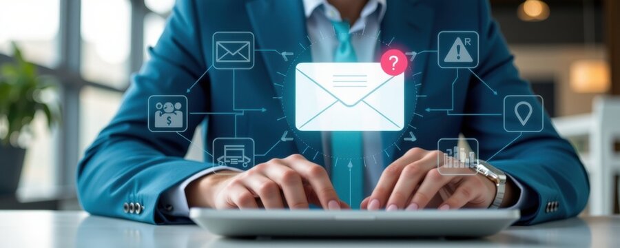 Modern businessman in teal tackles cybersecurity threats in a digital office environment using advanced technology