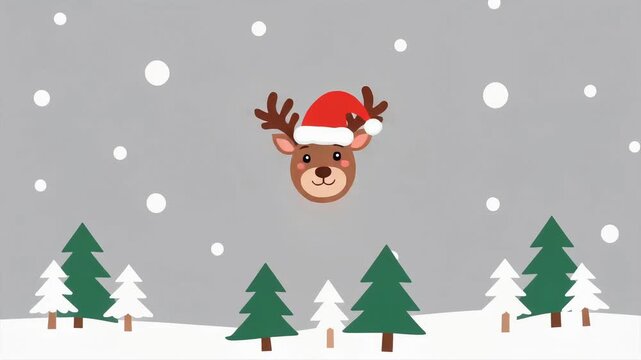 Whimsical Christmas Reindeer with Santa Hat in Snowy Winter Wonderland - Festive Holiday Season Illustration