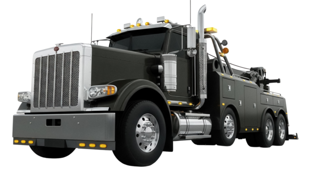 Black tow truck PNG isolated on transparent background, heavy duty wrecker vehicle for roadside assistance and recovery services