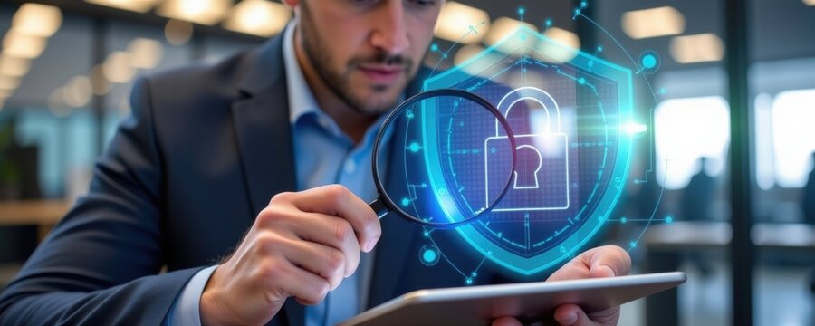 Man examining digital cybersecurity threats in modern office environment technology focused viewpoint - Powered by Adobe