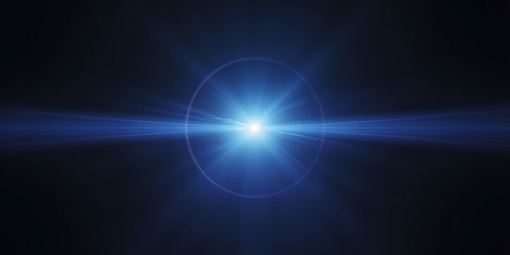 Bright blue lens flare effect with horizontal light beam on dark background