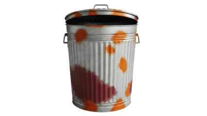 Rusty metal trash can PNG isolated on transparent background, weathered garbage bin with lid for grunge and decay concepts
