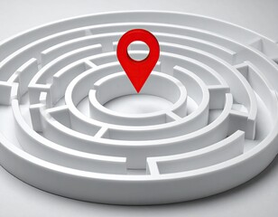 White, circular maze with a bright red location marker in the center