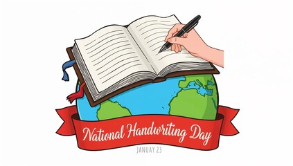Illustration for national handwriting day with globe and book