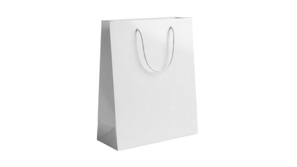 Elegant white paper shopping bag isolated PNG, blank gift bag with rope handles for retail and branding mockups on transparent background