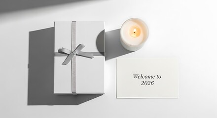 White gift box with ribbon candle and welcome card view