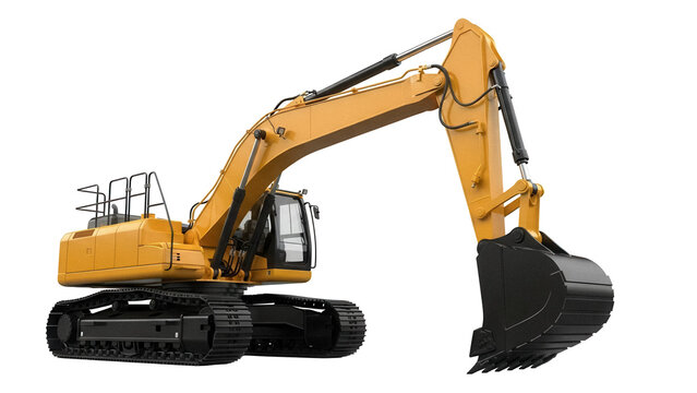 Yellow excavator PNG isolated on transparent background, heavy construction equipment for digging and earthmoving projects
