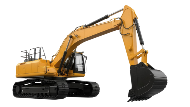 Yellow excavator PNG isolated on transparent background, heavy construction equipment for digging and earthmoving projects